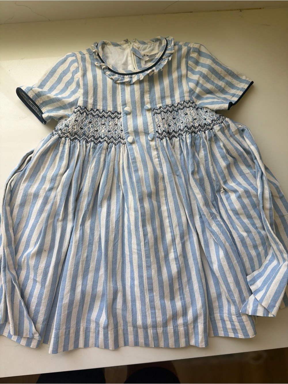 Girls Blue & White Striped Smocked Dress Top